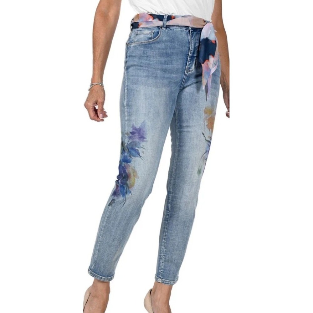 Frank Lyman Jeans Blue Floral Print Scarf Belt High Rise Skinny Denim Small